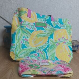Lilly Pulitzer Vibrant Blue and Yellow Tote With Makeup Bag